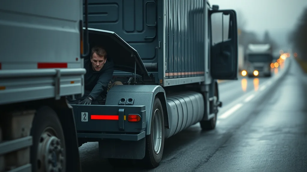 A man is crouched beside a large truck on the side of a wet road, checking under the trucks side compartment on a cloudy day. Other trucks with headlights on drive past in the background.