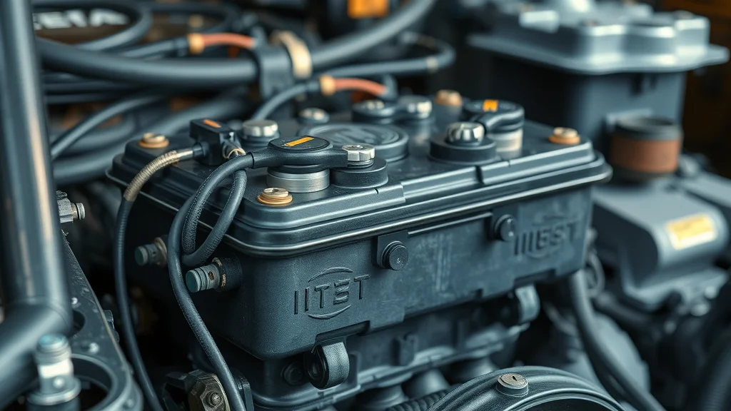 Heavy-duty diesel truck battery close-up showing cables and clamps, used in diesel engine battery problems troubleshooting