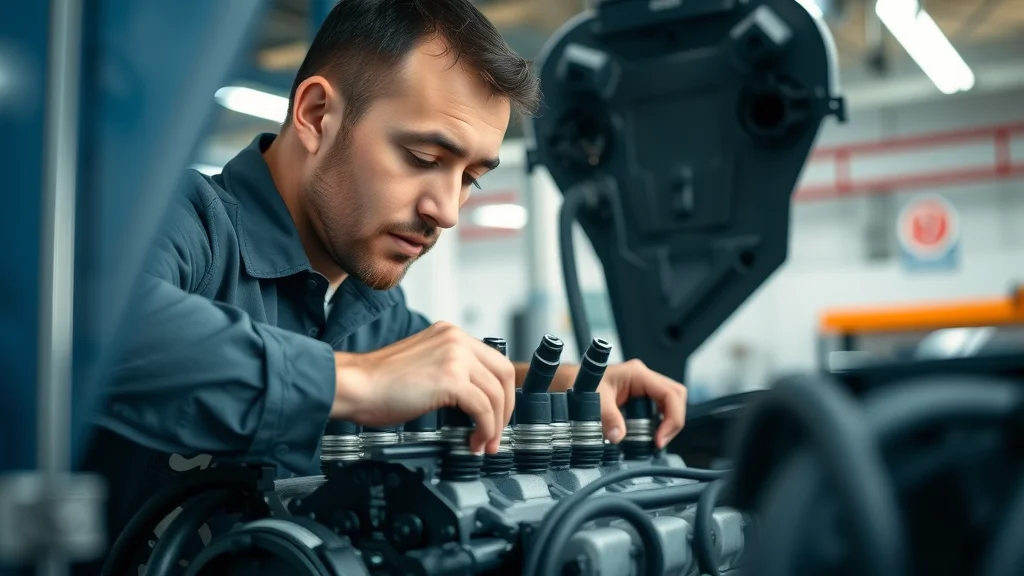 A mechanic in a workshop, wearing a dark uniform, carefully works on a car engine with the hood open, focusing on adjusting or inspecting components. The background shows a bright, organized workspace.