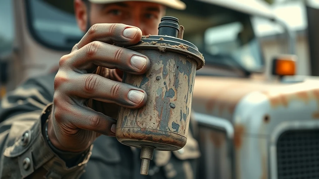 Mechanic holding clogged diesel fuel filter showing grime, linked to fuel system performance problems