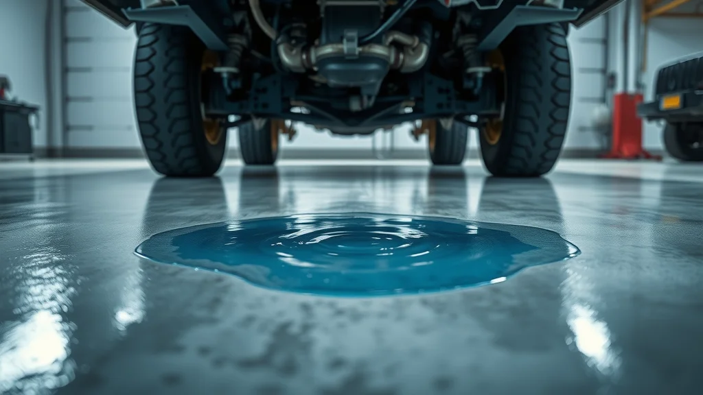 Detailed coolant leak under diesel truck engine with small puddle on clean concrete garage floor, sharply rendered with cool blue hues and realistic wet glossy reflections
