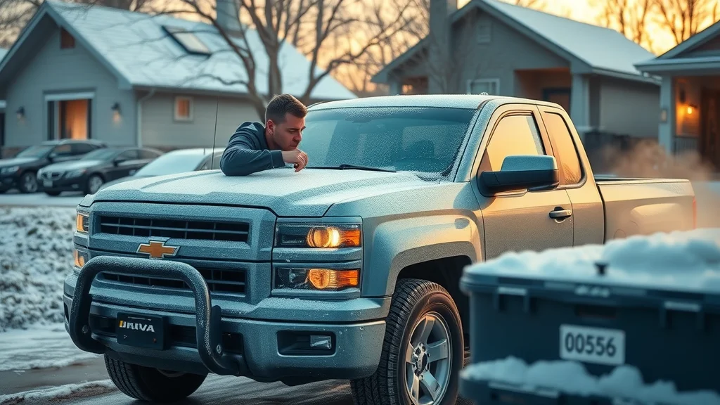 Frost-covered diesel pickup truck, cold weather, driver trying to start engine—diesel engine battery problems Columbia SC
