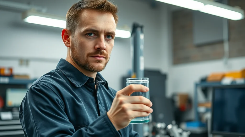 Professional diesel mechanic using a coolant tester on a clean diesel engine in a bright, modern garage, with well-organized tools and diagnostic computer in background