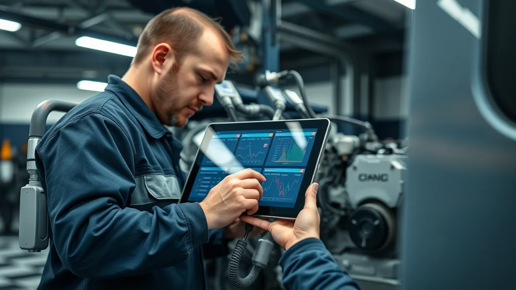 Diagnostic process with mechanic using digital tablet to check diesel engine injectors in Columbia SC shop