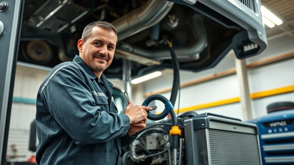 Mechanic performing maintenance on diesel truck fuel system to prevent problems