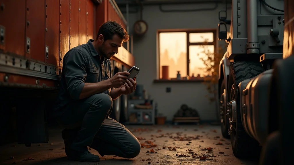 Autumn-themed diesel truck garage with mechanic—diesel engine fall maintenance, heating system check, warm ambient lighting