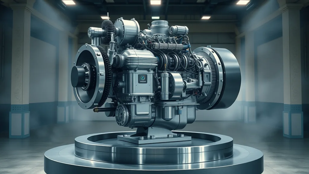 Modern high-tech diesel engine rotating on display, showing peak power and efficiency highlights.