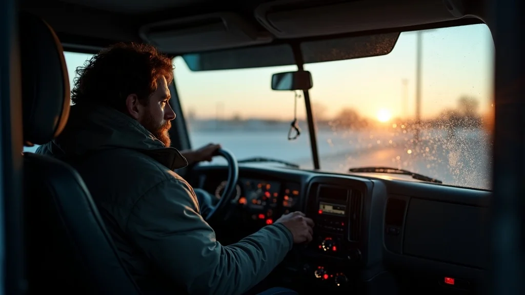 Early morning diesel truck start-up—letting diesel engine warm up before driving, cool and warm dashboard contrast, heating system on