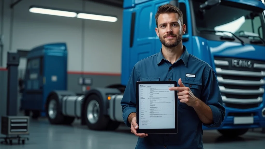 Diesel technician presenting checklist on tablet—diesel engine maintenance, prepare diesel engine for heat, professional diesel repair service