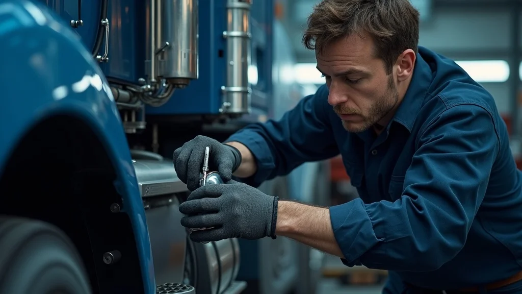 Mechanic checking coolant of diesel truck—prepare diesel engine for heat, coolant reservoir inspection, cooling system maintenance