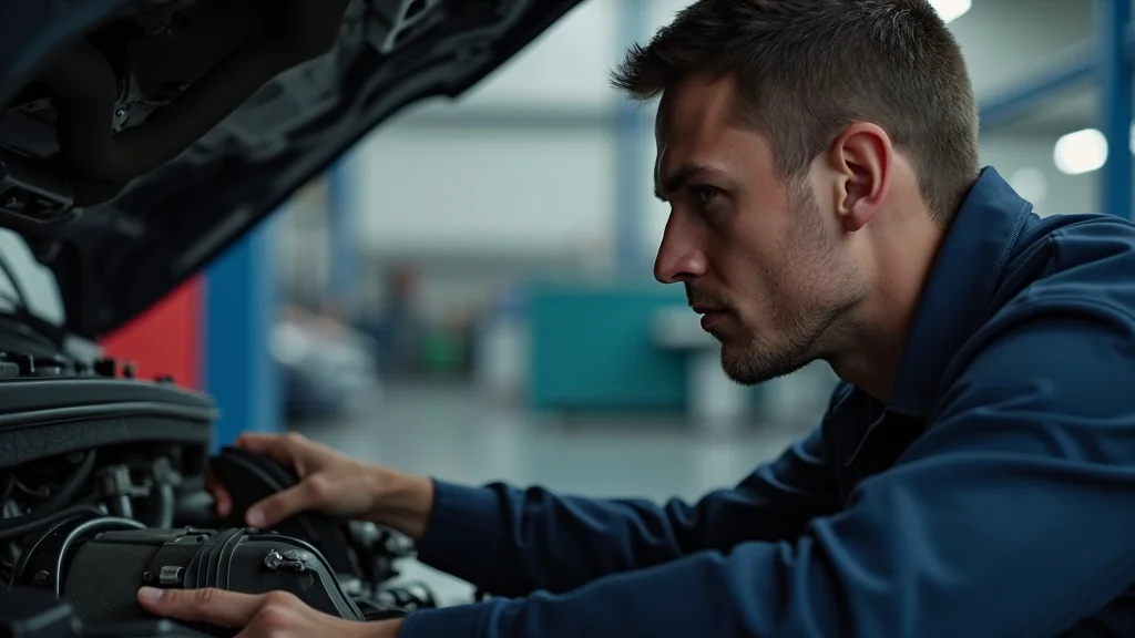 A focused mechanic in a blue uniform examines a car engine in a well-lit auto repair shop, closely inspecting the components under the hood.