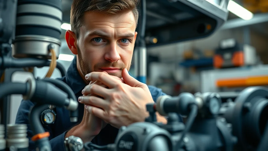Mechanic inspecting a diesel engine compartment for performance issues with hands checking fuel lines in a professional garage.