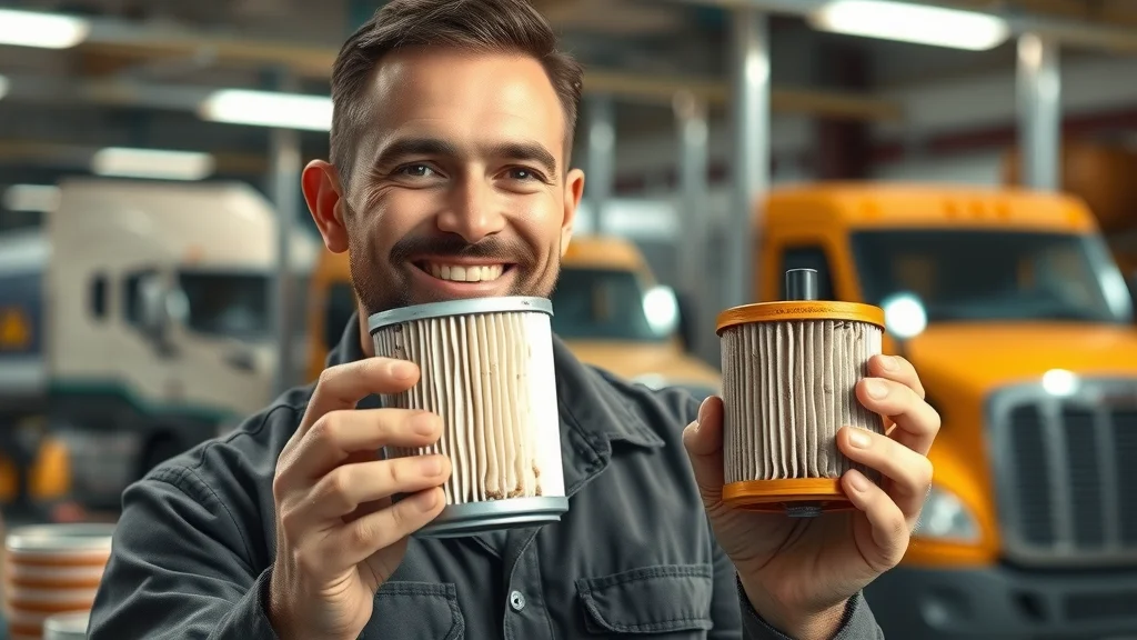 Technician in maintenance bay comparing clean and clogged diesel fuel filters for performance impact.
