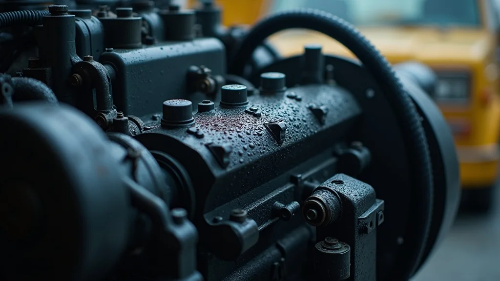 Diesel engine showing dew and humidity effects in a Columbia SC garage with glistening engine parts