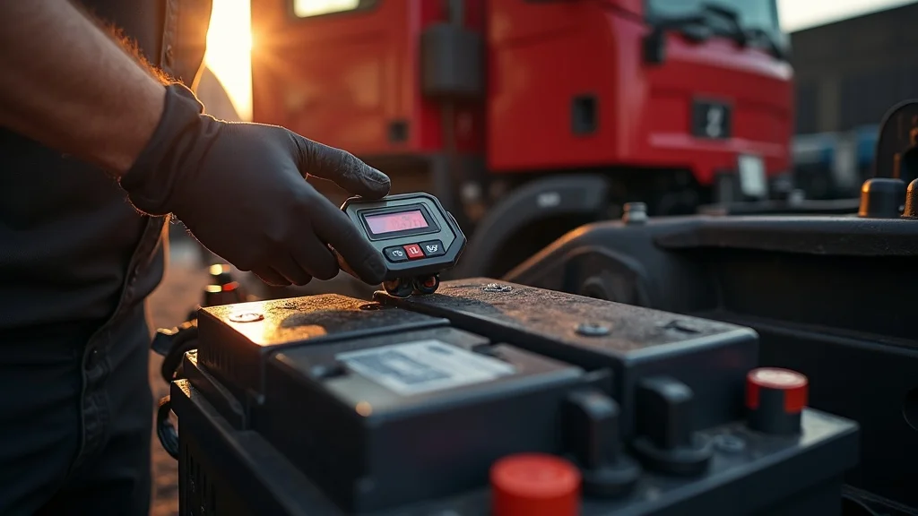 battery health check for diesel engine in summer—mechanic with digital tester and clean battery terminals