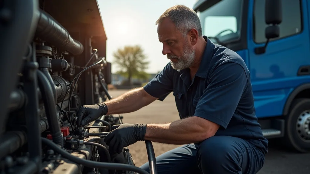 Diesel engine cooling system maintenance - mechanic inspecting a radiator outdoors near diesel truck