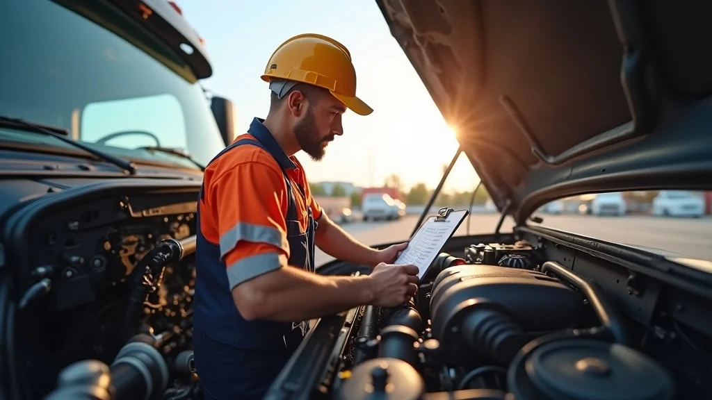 diesel engine pre-trip inspection—driver checking under hood with checklist and tools