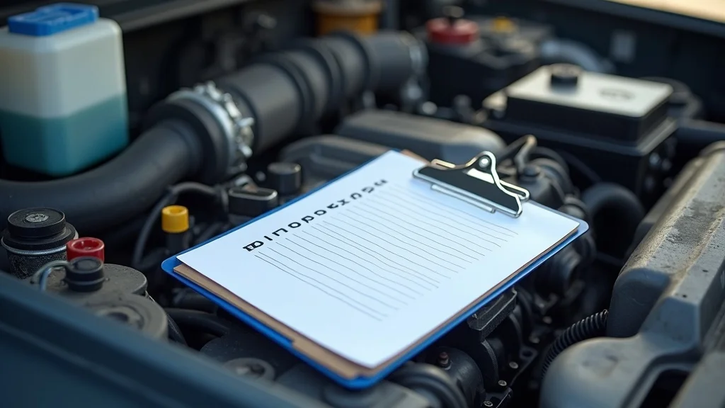 diesel engine summer maintenance checklist for hot weather—clipboard, tools, and fluids at engine bay