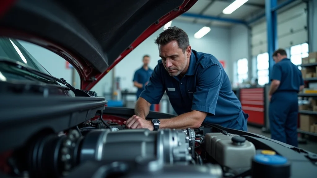 A mechanic in a blue uniform inspects and works under the hood of a car in a brightly lit auto repair shop, with two other mechanics working in the background.