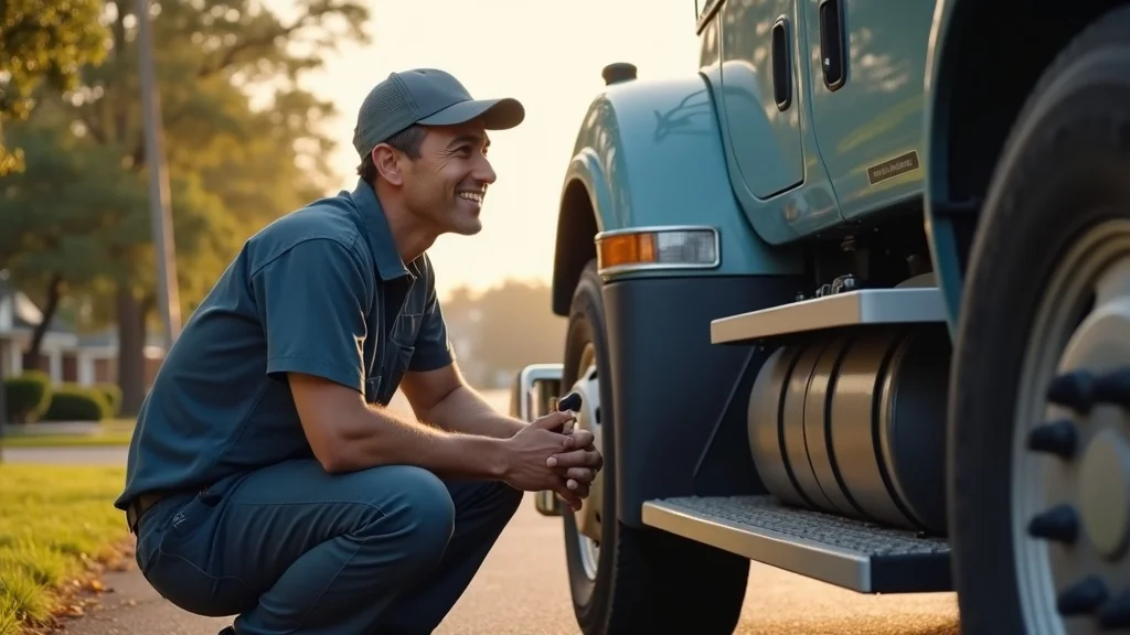 Approachable mobile diesel mechanic smiling beside a diesel truck on a Columbia SC street