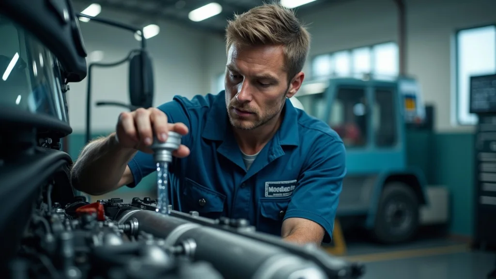 clean diesel engine coolant system—coolant being poured into tank in well-lit garage