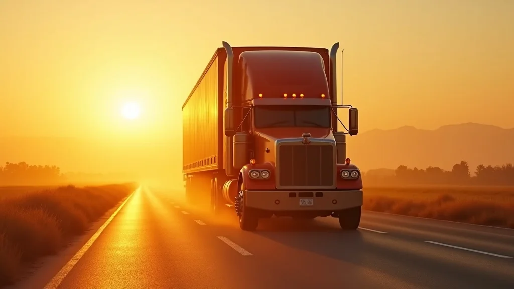 A large semi-truck drives down an empty highway at sunrise, with the sun low on the horizon and bright golden light illuminating the road and landscape.