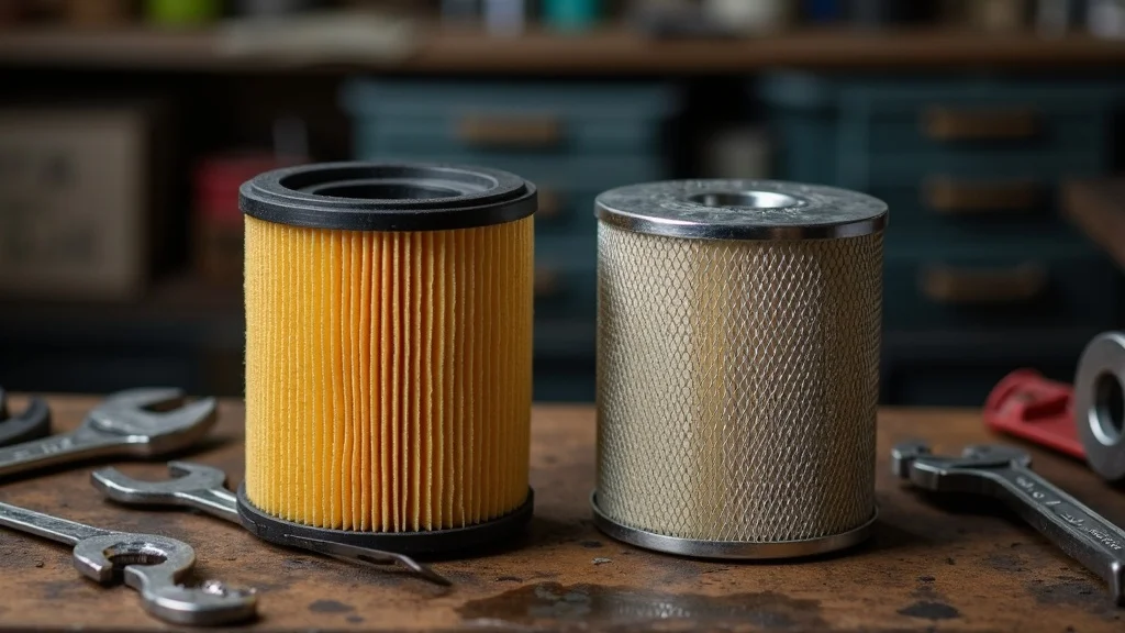 Closeup comparison of used versus clean diesel engine air filters on a workbench with Columbia SC license plate