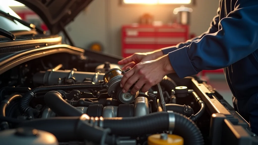 Mechanic replacing fuel filter on diesel engine for summer diesel engine checklist