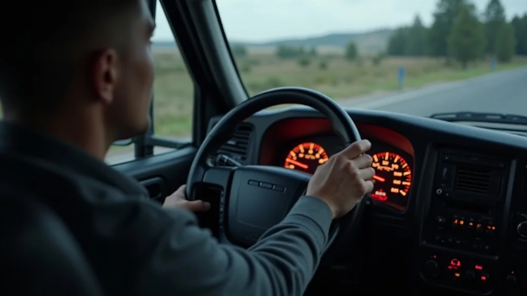 Diesel truck dashboard temperature warning - driver looks at temperature gauge with concern