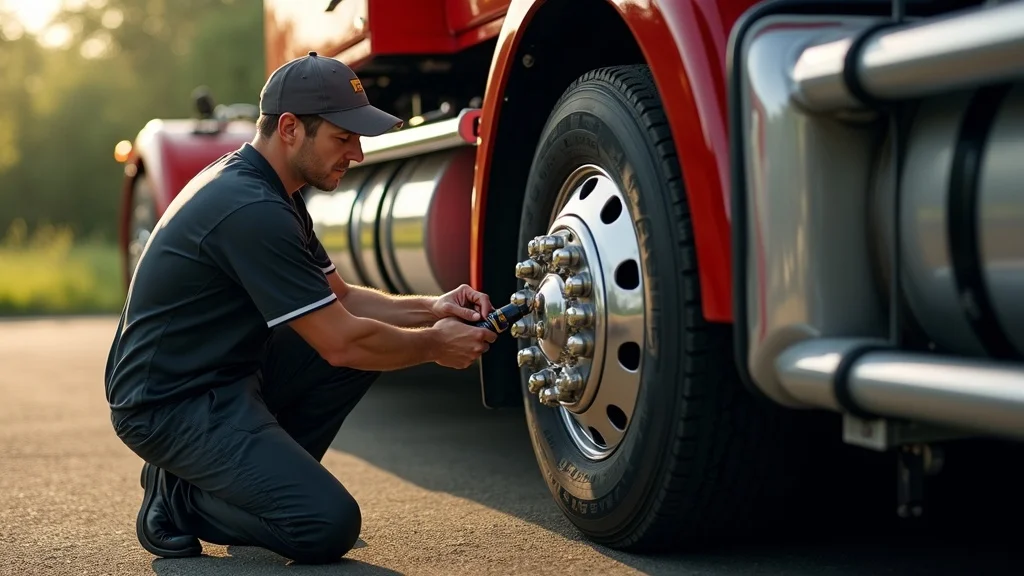 Mechanic inspecting diesel truck tire pressure for summer diesel engine checklist