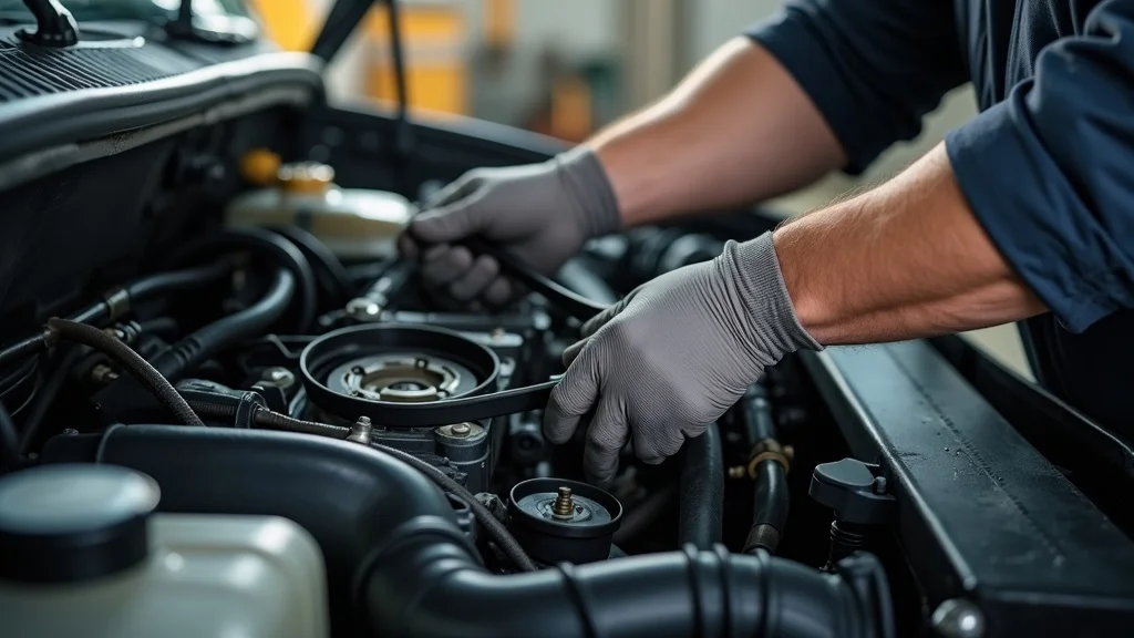 Mechanic inspecting engine belts and hoses for summer diesel engine checklist