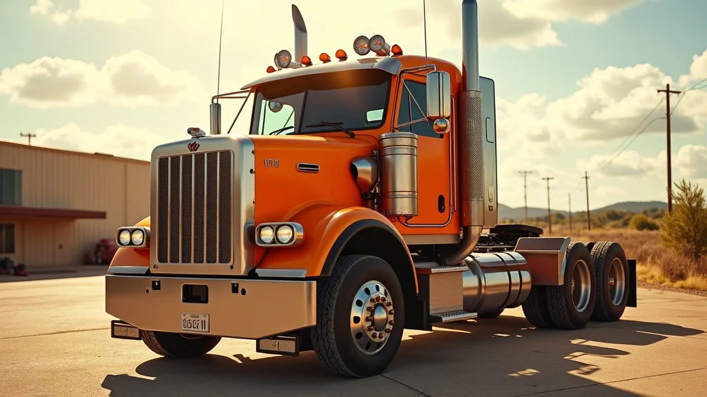A bright orange semi-truck with chrome details is parked on a sunlit street near a building, with blue sky and clouds in the background. The truck has a large front grille and no trailer attached.