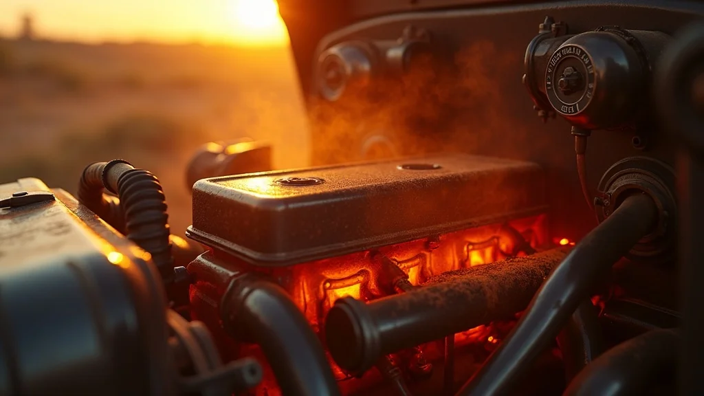 high temperatures impacting diesel engine performance in summer with heat shimmer and dusty roadside atmosphere