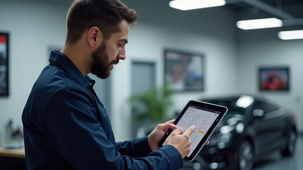 Mechanic reviewing a digital vehicle maintenance schedule for Columbia SC vehicle maintenance with a tablet in a modern auto service office.
