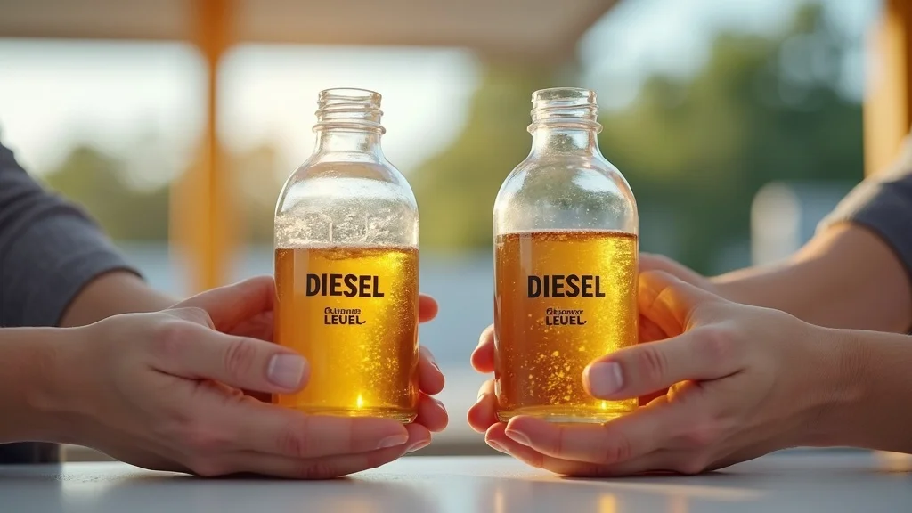 Two hands hold contrasting summer and winter diesel fuel samples, demonstrating seasonal fuel blend differences vital for diesel engine fuel efficiency.
