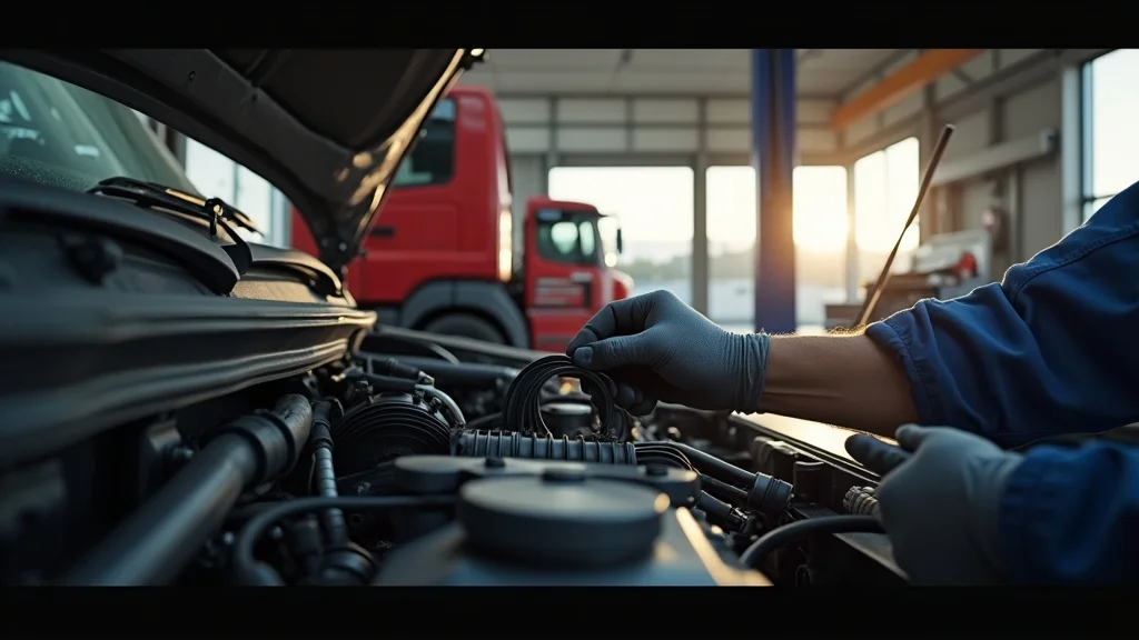 Mechanic assesses coolant and checks belt tension under a diesel truck hood, focusing on vital engine performance checks for summer.