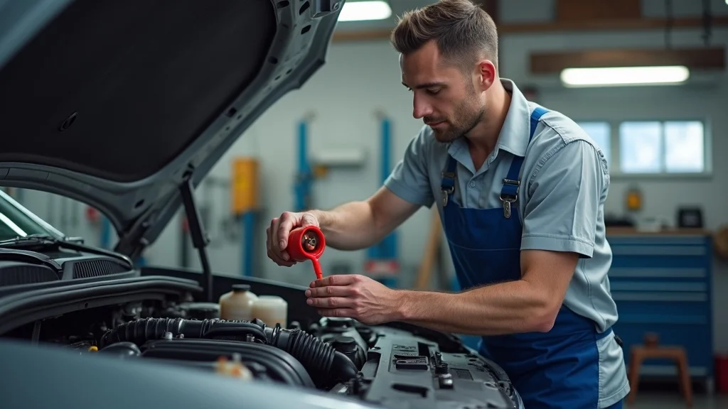 prevent diesel engine overheating - Mechanic topping off coolant in truck engine for overheating prevention