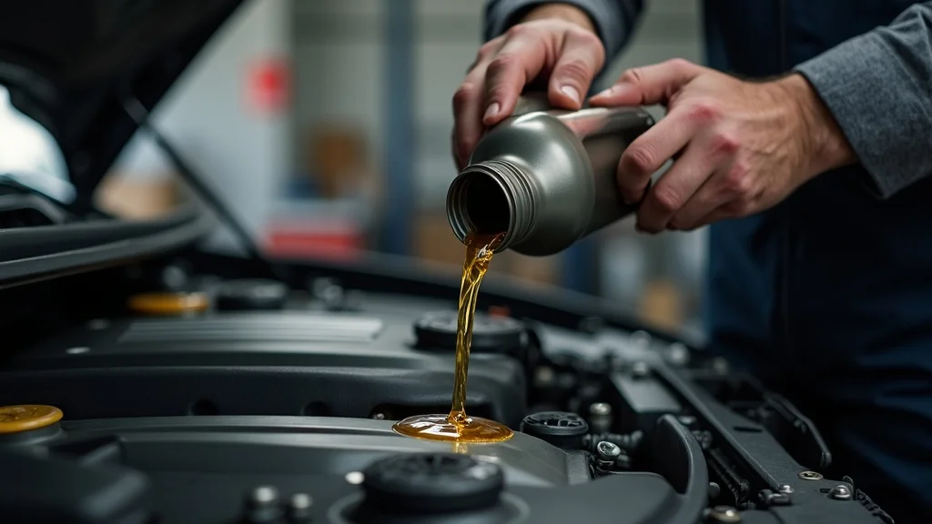 Technician pouring fresh engine oil for Columbia SC oil change and vehicle maintenance in a local repair shop.