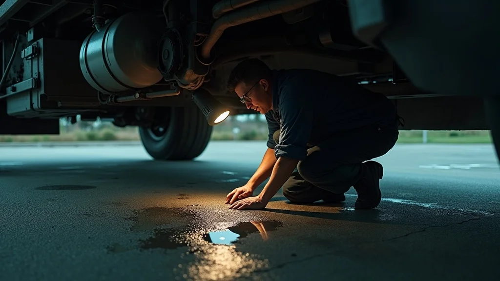 coolant leak under diesel truck - Mechanic inspecting coolant puddle and leak problems