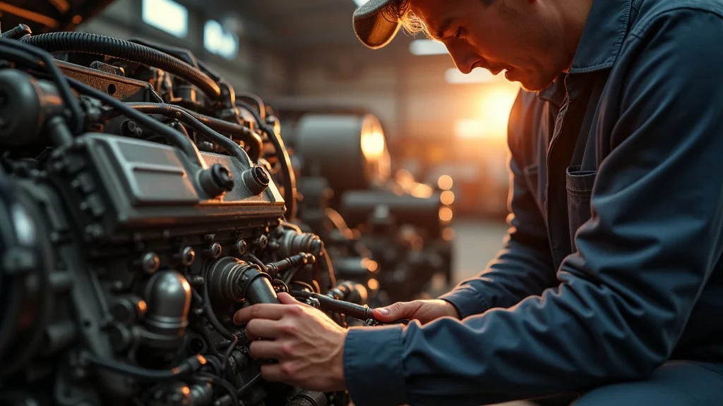 Mechanic inspects a diesel engine in an open-air summer garage environment, showcasing maintenance for optimal engine performance during hot weather.