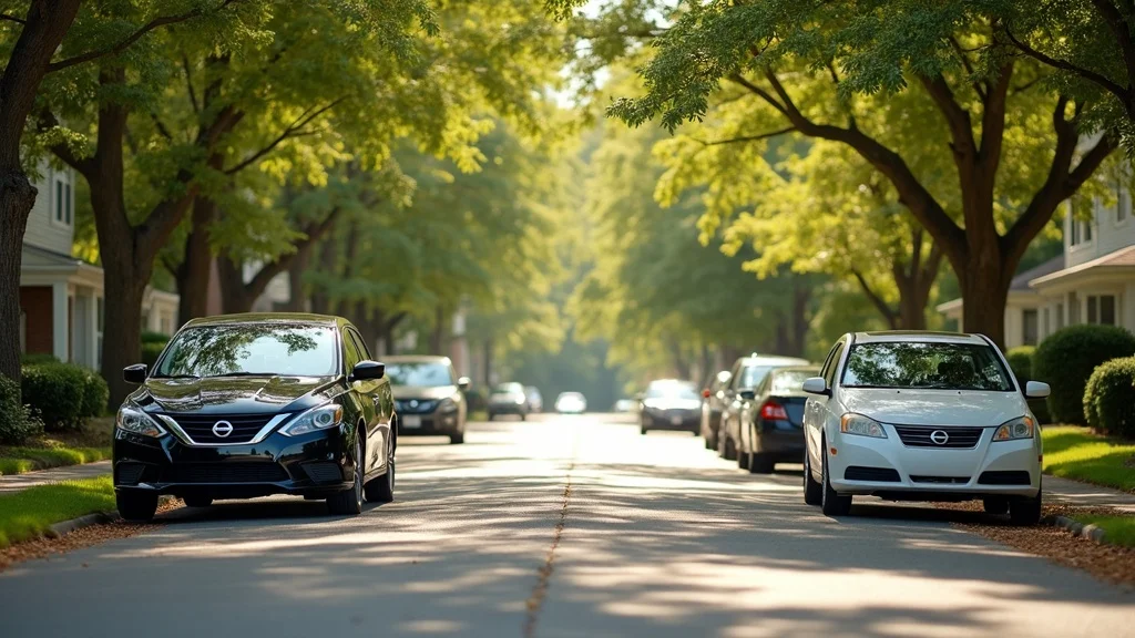 A tree-lined suburban street with parked cars on both sides, including a black sedan on the left and a white sedan on the right. Houses and greenery are visible in the background under bright daylight.