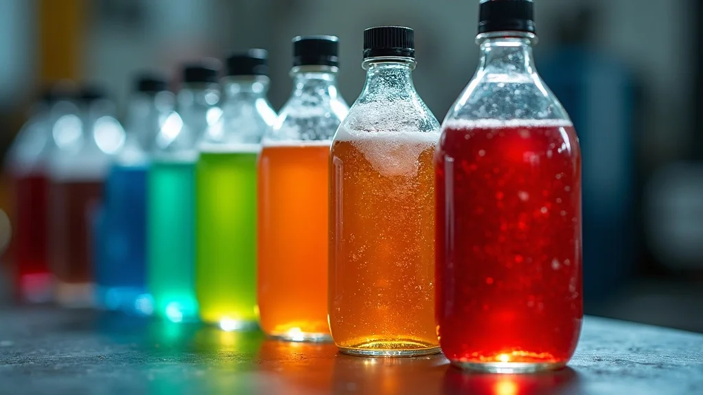 engine coolant for overheating prevention - Bottles of multi-colored coolants, macro shot