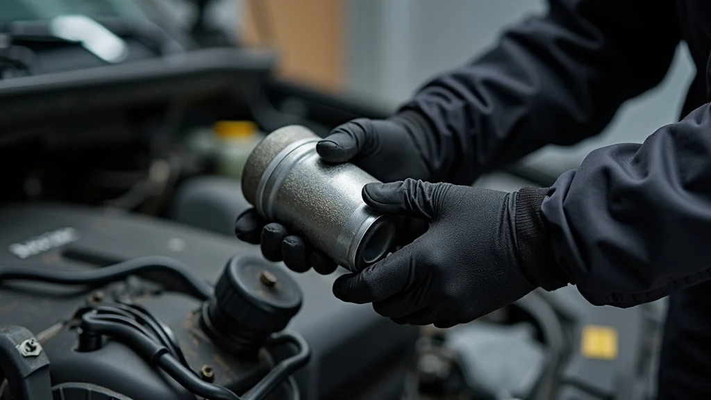 gloved hands changing diesel engine air filter for better summer performance