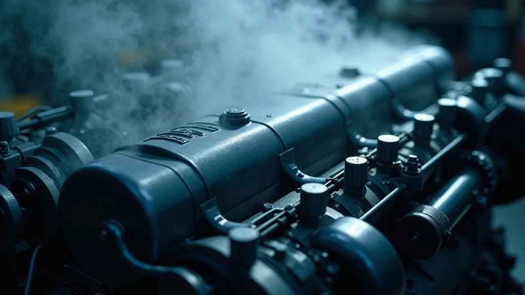 prevent diesel engine overheating - Dramatic diesel engine close-up with subtle steam rising, high realism in shop setting